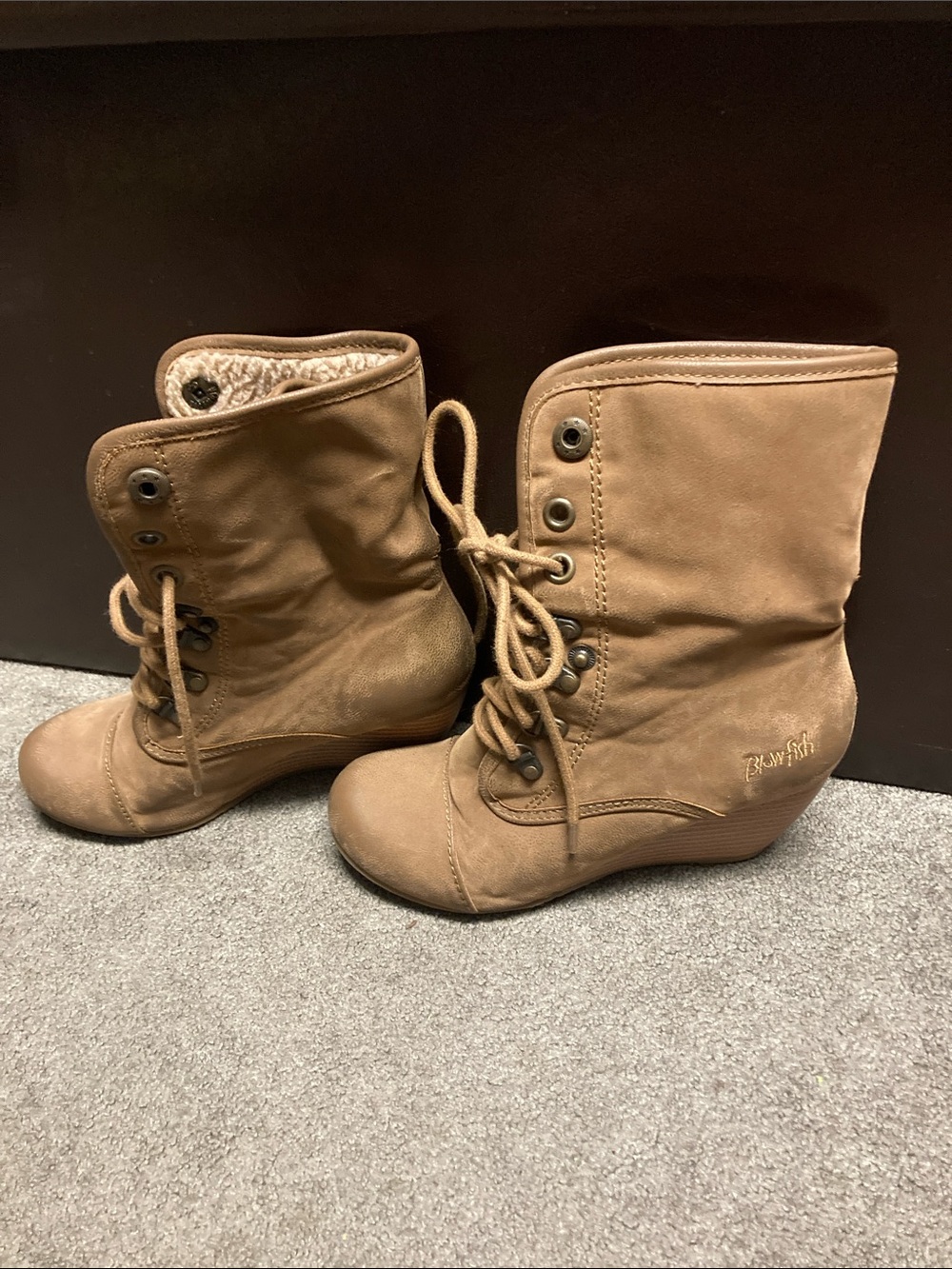 Blowfish Lace-Up Wedge Ankle Boots in Tan